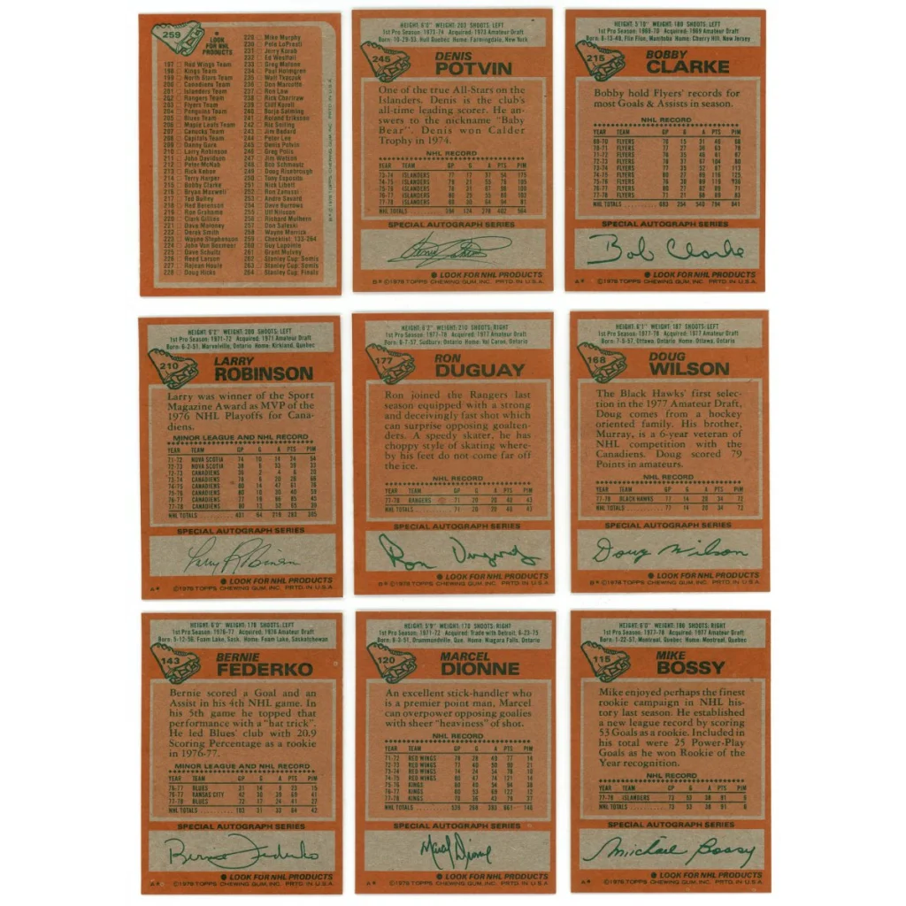 Vintage 1978 Topps hockey cards featuring Mike Bossy Guy Lafleur and Ken Dryden