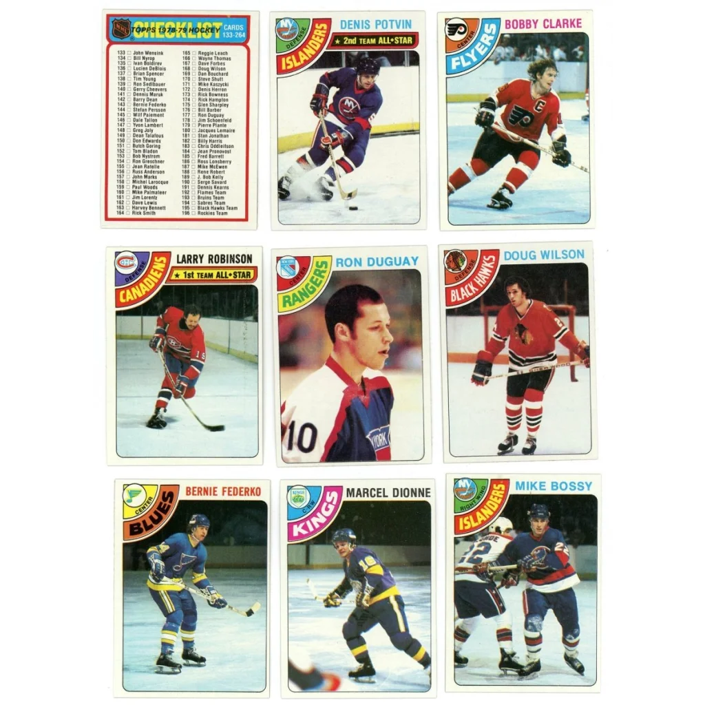 Vintage 1978 Topps hockey cards featuring Mike Bossy Guy Lafleur and Ken Dryden