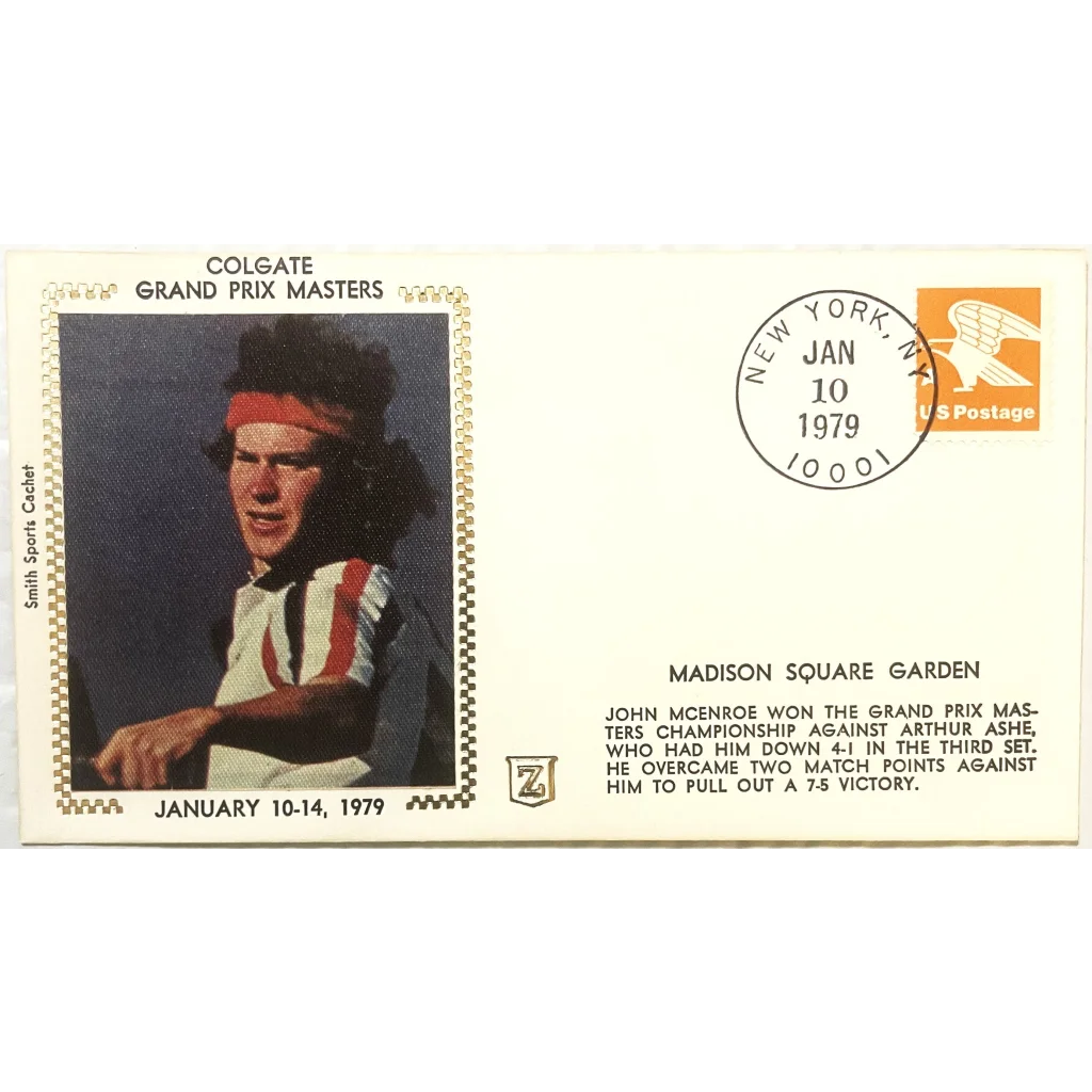 Embossed stamped envelope featuring John McEnroe from the 1979 Colgate Grand Prix Masters