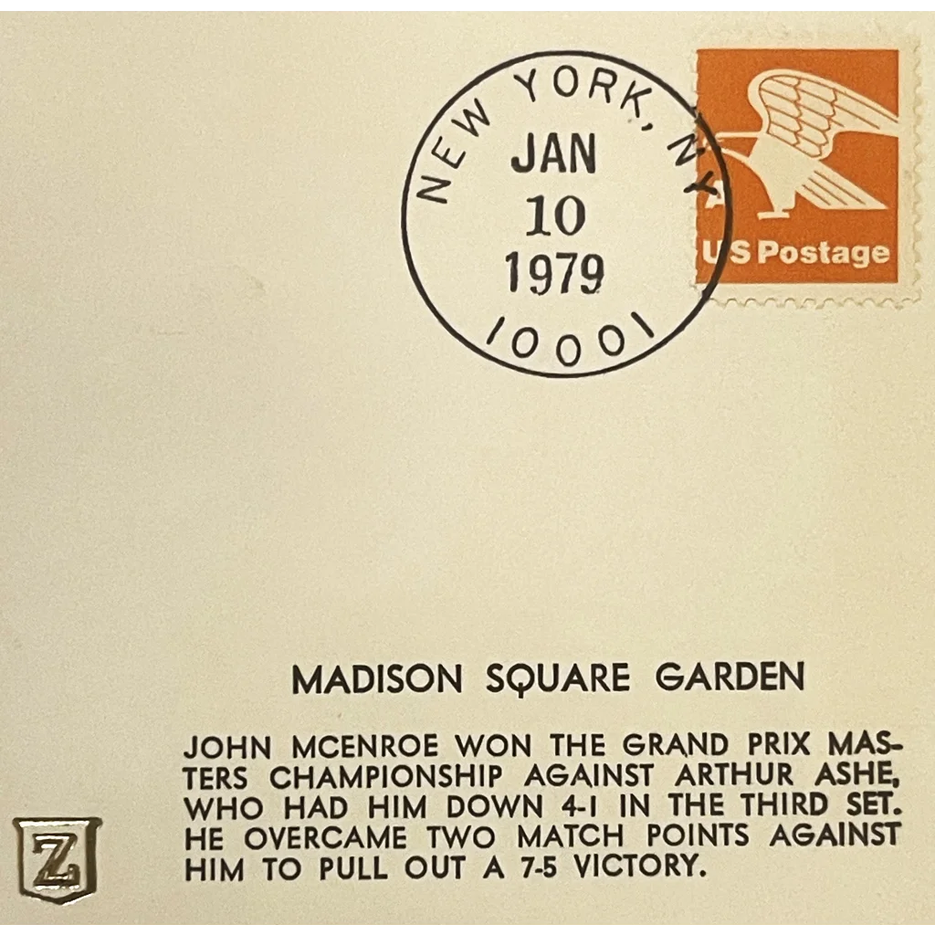 Postmarked embossed stamped envelope featuring a 1979 tennis match result