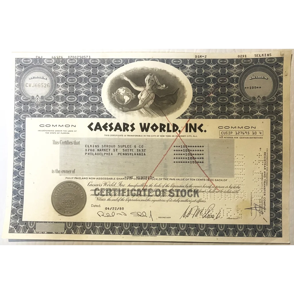 Vintage 1980 Caesars World Casino Stock Certificate! First and Original RIP 1999 Collectibles Rare Certificate | Iconic