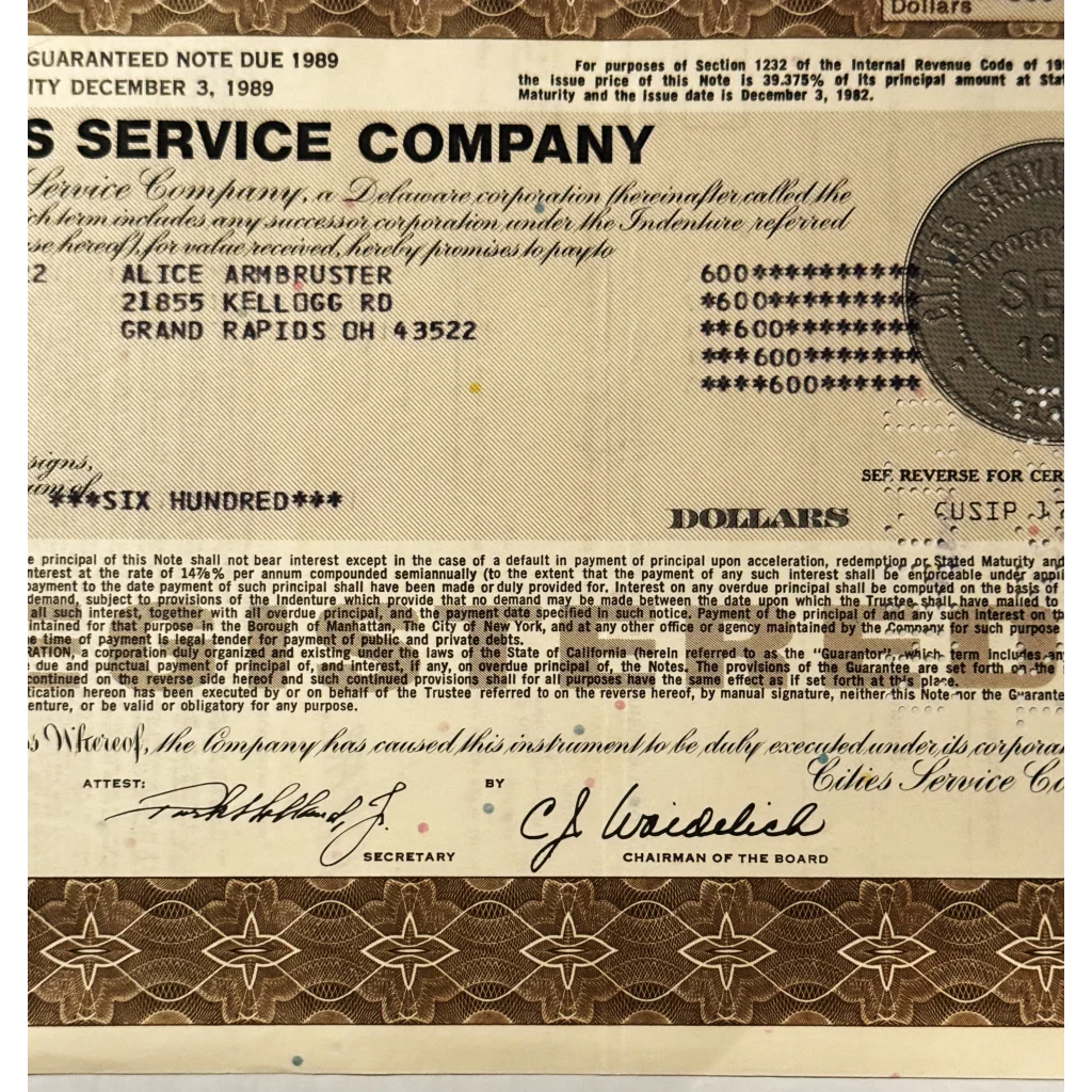 Vintage Cities Service Company stock certificate from 1989 for collectors and investors