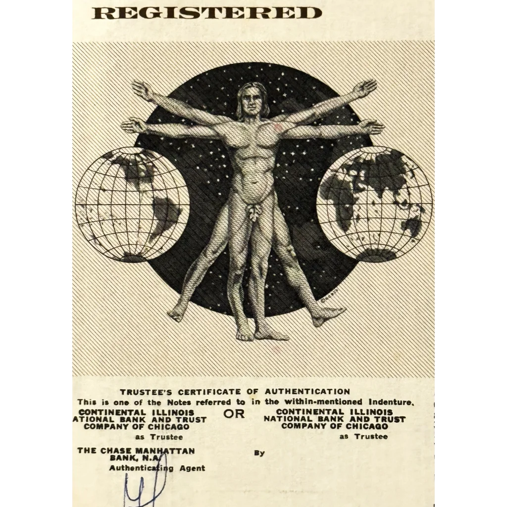 Stylized nude figure between globe hemispheres in Rare 1980s Cities Service Company Stock Certificate