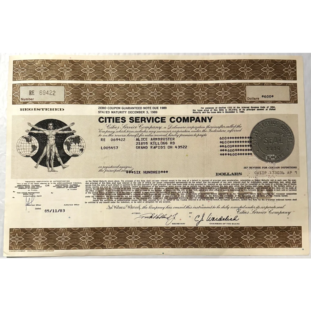 Rare 1980s Cities Service Company stock certificate with ornate design and seal