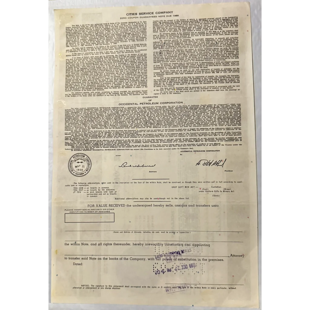 Vintage legal document showcasing Cities Service Company stock certificate with signatures