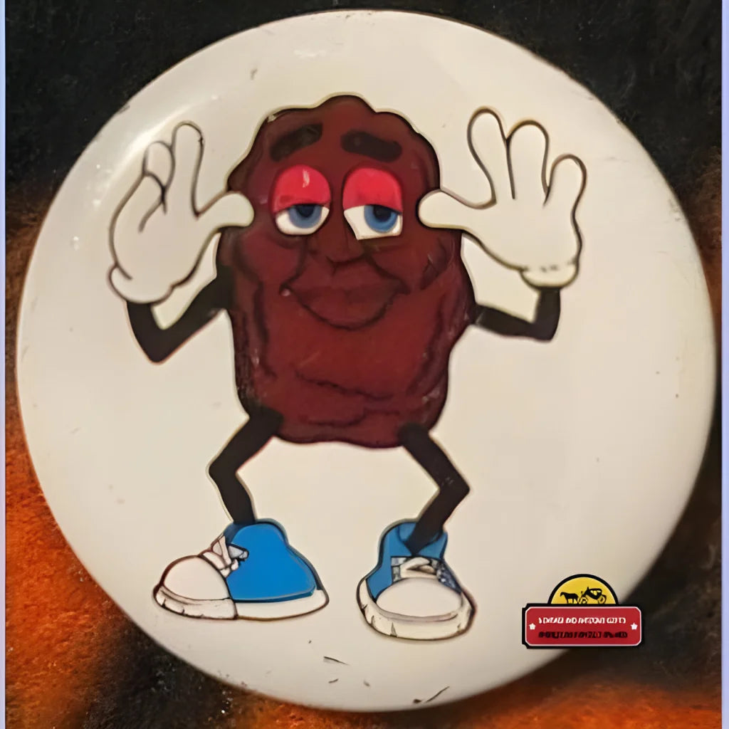 Cartoon character resembling a California Raisin in Vintage 1980s Complete Tin Pin Set