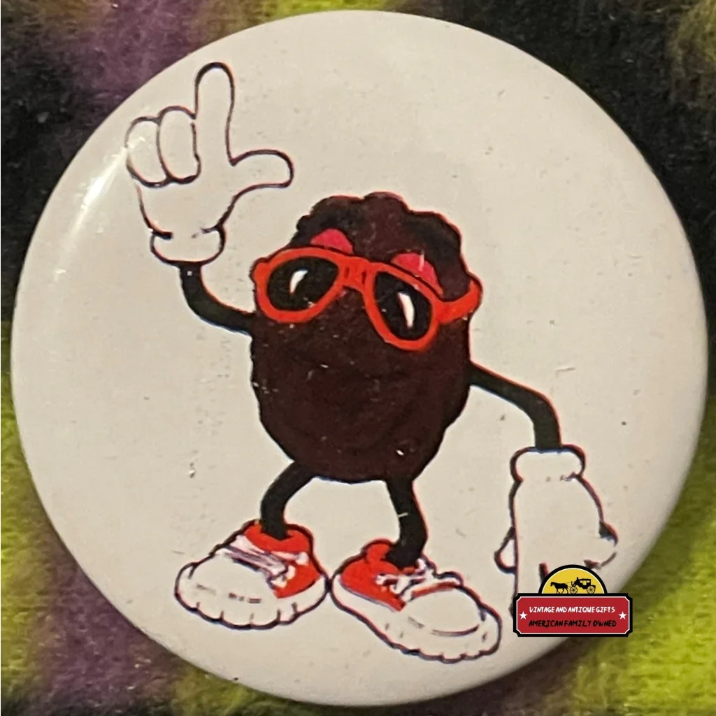 Cartoon Blackberry character in red glasses and sneakers giving a thumbs up for California Raisin Tin