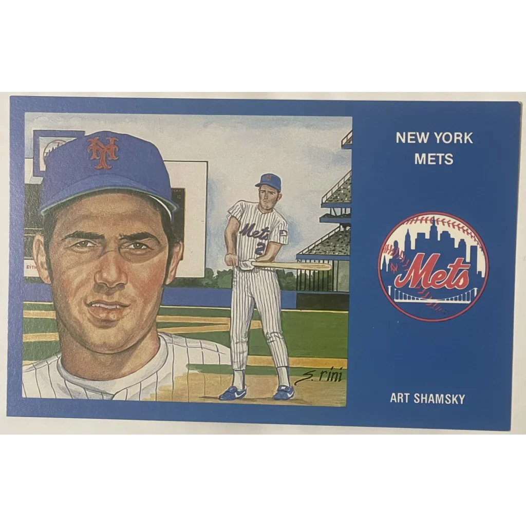 Limited edition 1980s postcard of Art Shamsky & New York Mets logo illustration