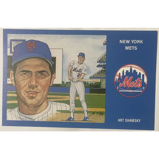 Limited edition 1980s postcard of Art Shamsky & New York Mets logo illustration