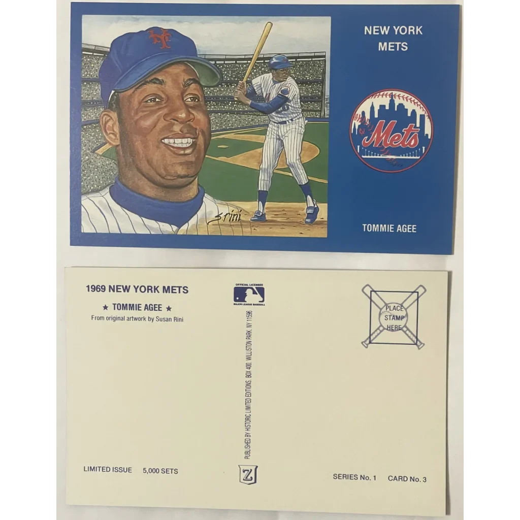 Rare 1980s Limited Edition Tommie Agee NY Mets collectible postcard with player portrait and action shot