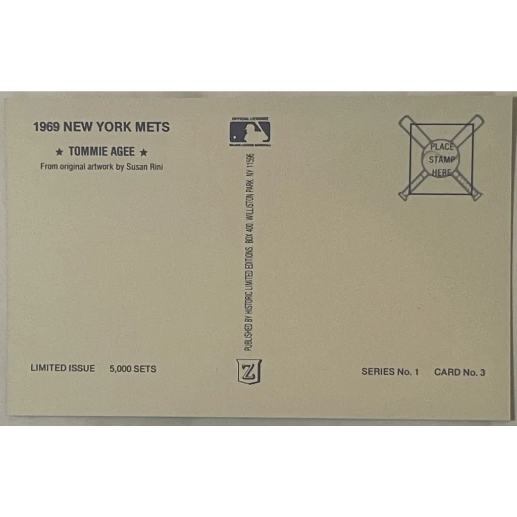 Baseball card back of Tommie Agee from the 1969 New York Mets, 1980s limited edition