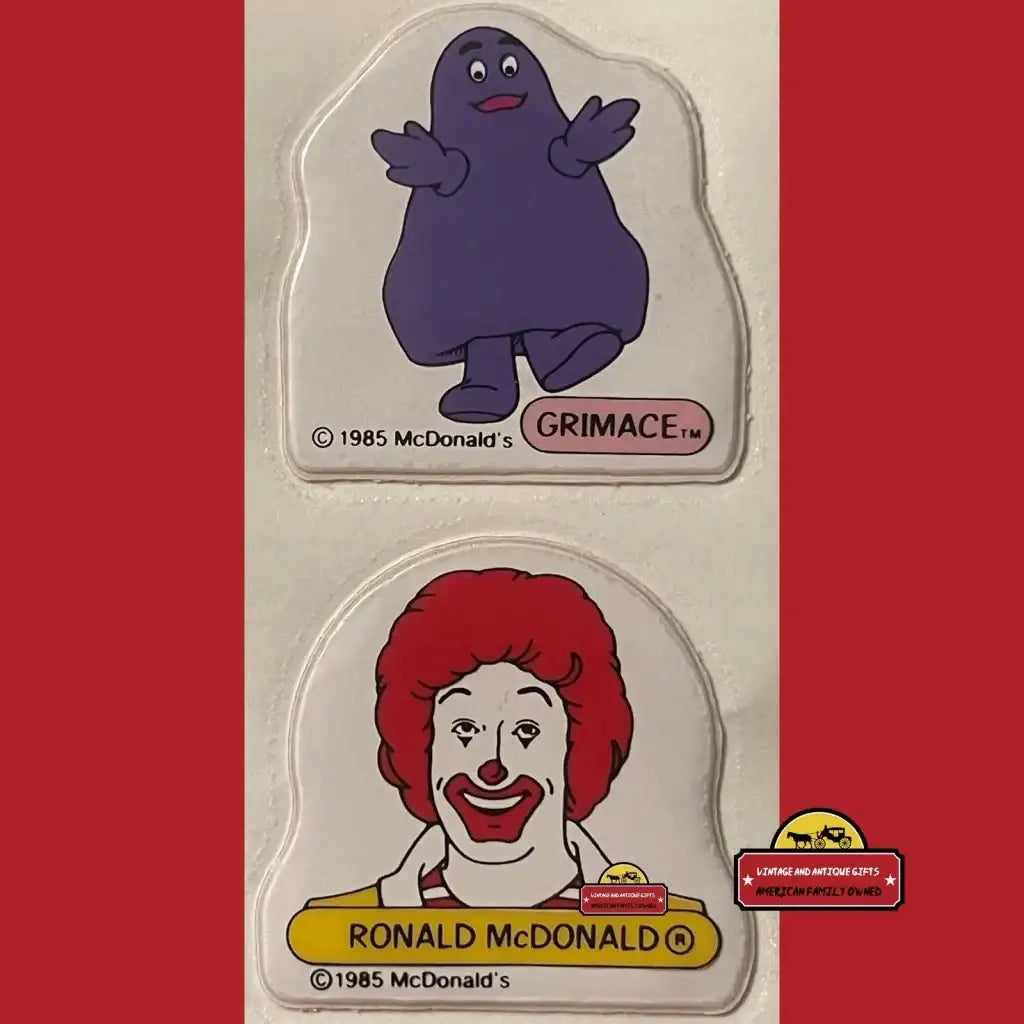 Vintage 1985 McDonalds Ronald and Grimace sticker set evoking 80s nostalgia