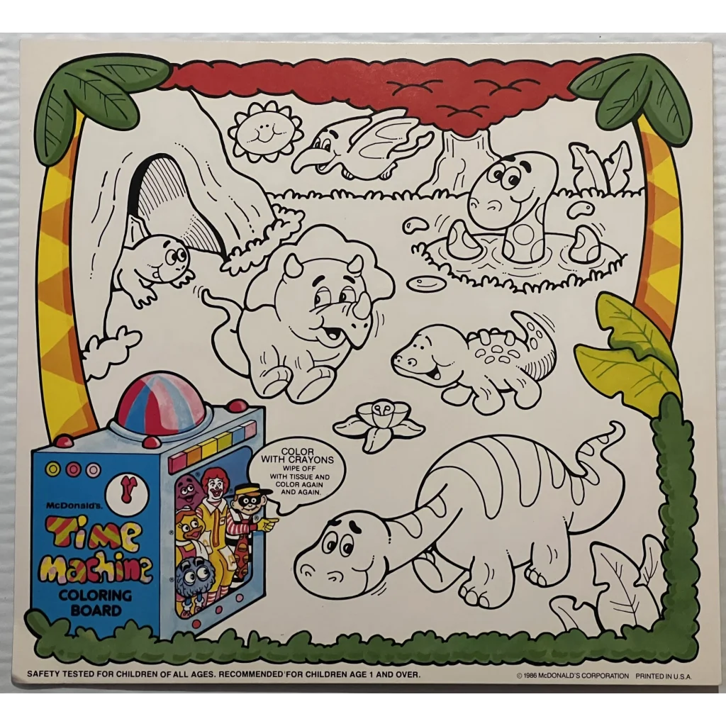 Vintage 1980s Mcdonald’s Time Machine Dinosaur Dino Wipe Away Coloring Board - Collectibles - Antique Misc.