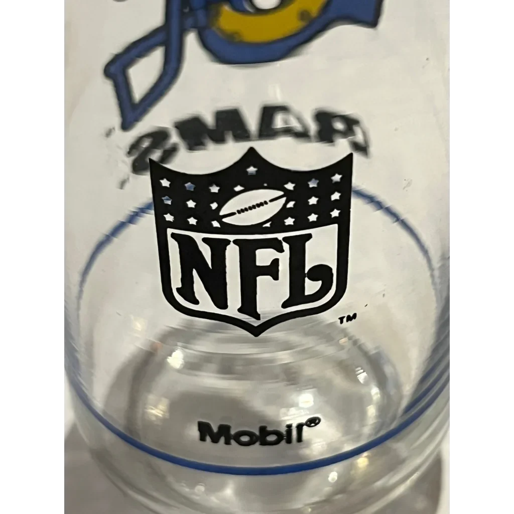 Clear cup with NFL logo and Mobil branding from Vintage 1980s Rams Collectible Glass