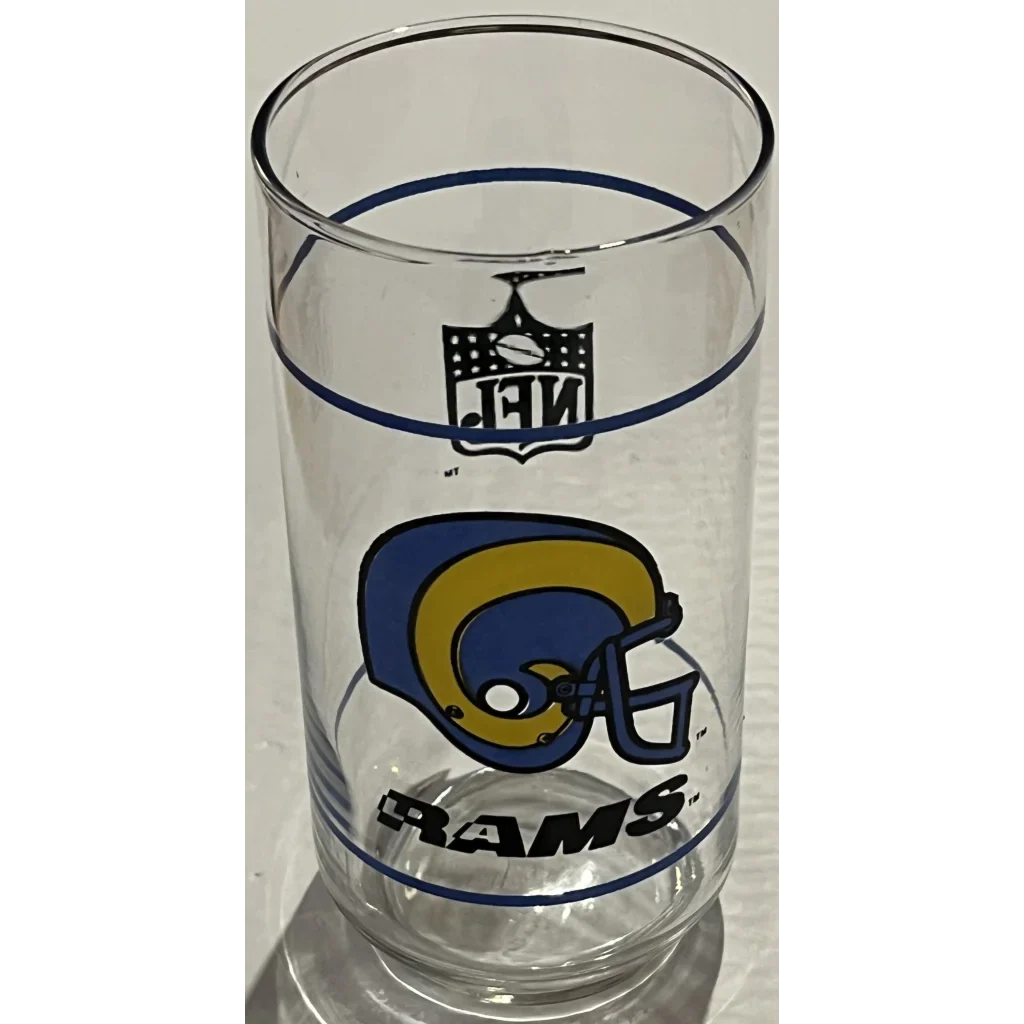 Glass tumbler with NFL Rams logo in a Rare Rams Collectible Glass from the vintage 1980s