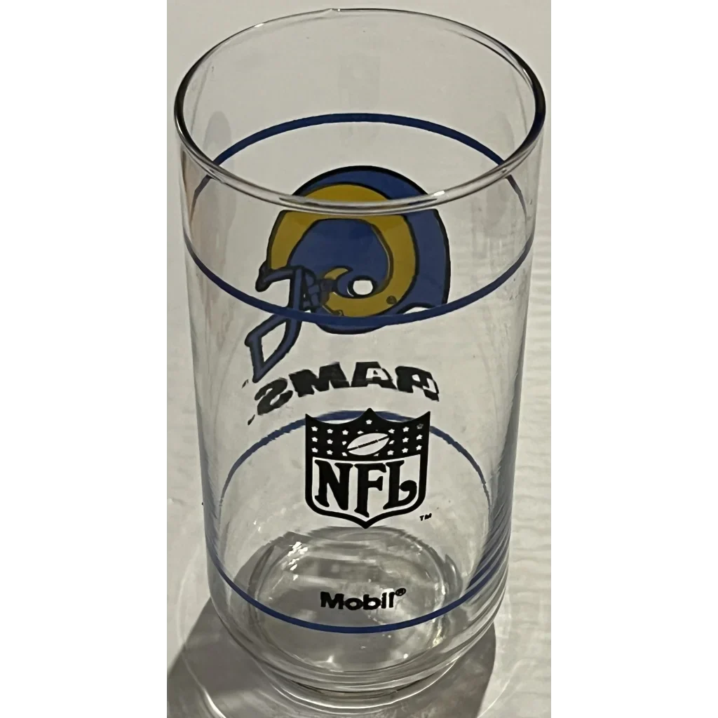 Clear Rams collectible glass from the vintage 1980s NFL Mobil Set featuring team logos