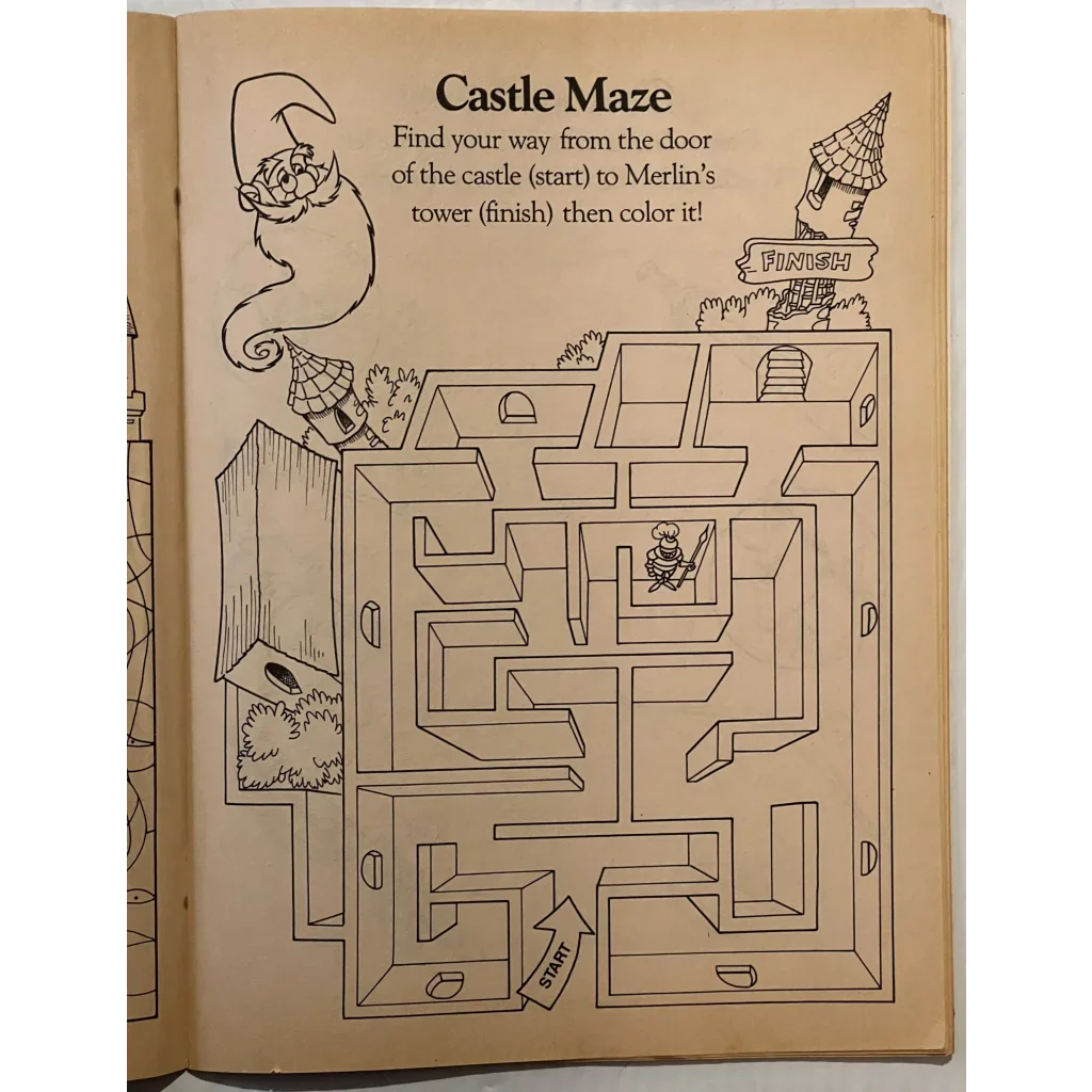 Castle-themed maze puzzle in Magical 80s Disney Stone Activity Book for fun adventures