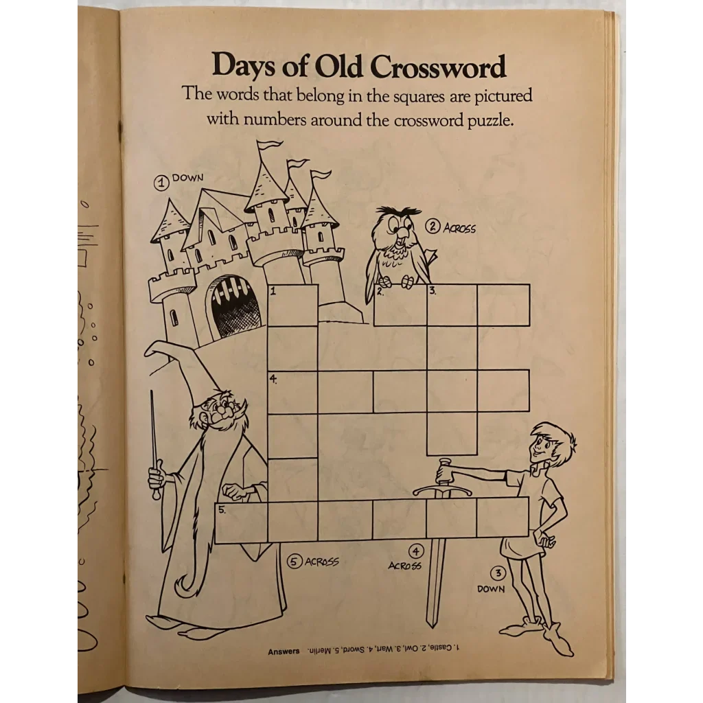 Crossword puzzle page from Magical 80s Disney Stone Activity Book with medieval art