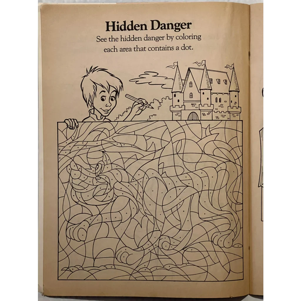 Hidden danger puzzle page from Magical 80s Disney Stone Activity Book for kids fun