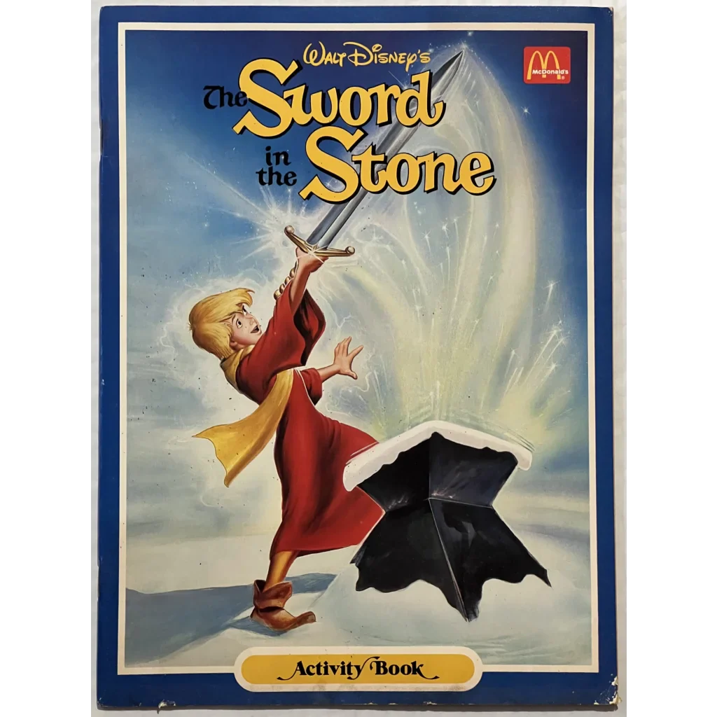 Cartoon character pulling sword from stone in Magical 80s Disney Stone Activity Book