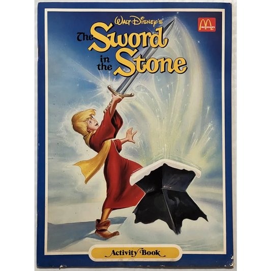 Cartoon character pulling sword from stone in Magical 80s Disney Stone Activity Book