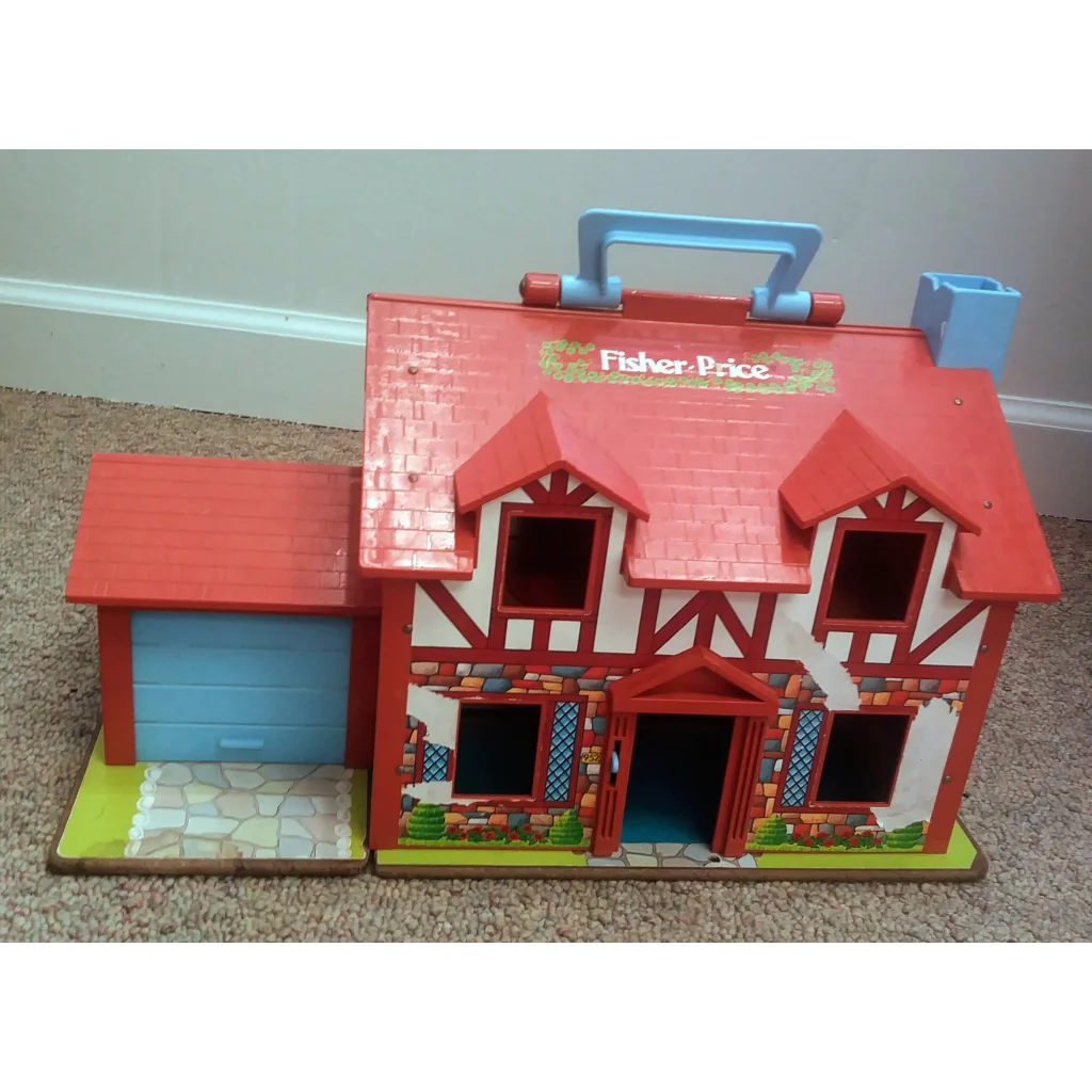 Vintage Fisher Price Little People Tudor House with red roof and blue garage