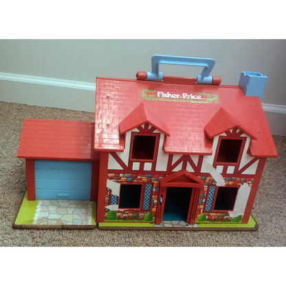 Vintage Fisher Price Little People Tudor House with red roof and blue garage