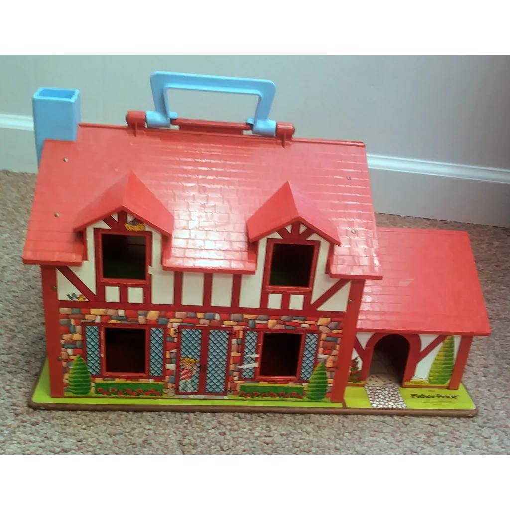 Vintage 1986 Fisher Price Little People Tudor House with red roof and blue handle