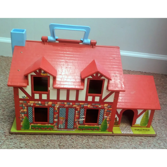 Vintage 1986 Fisher Price Little People Tudor House with red roof and blue handle