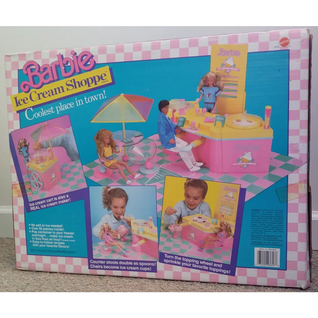 Vintage 1987 Barbie ice cream shoppe playset with pink blue checkered floor