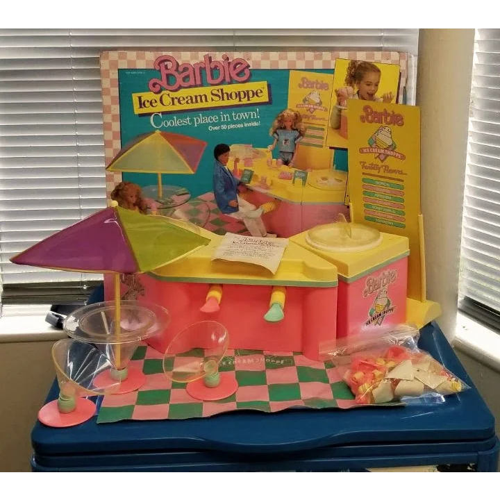 Vintage 1987 Barbie ice cream shoppe playset with pink checkered design