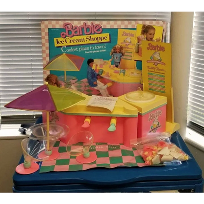 Vintage 1987 Barbie ice cream shoppe playset with pink checkered design