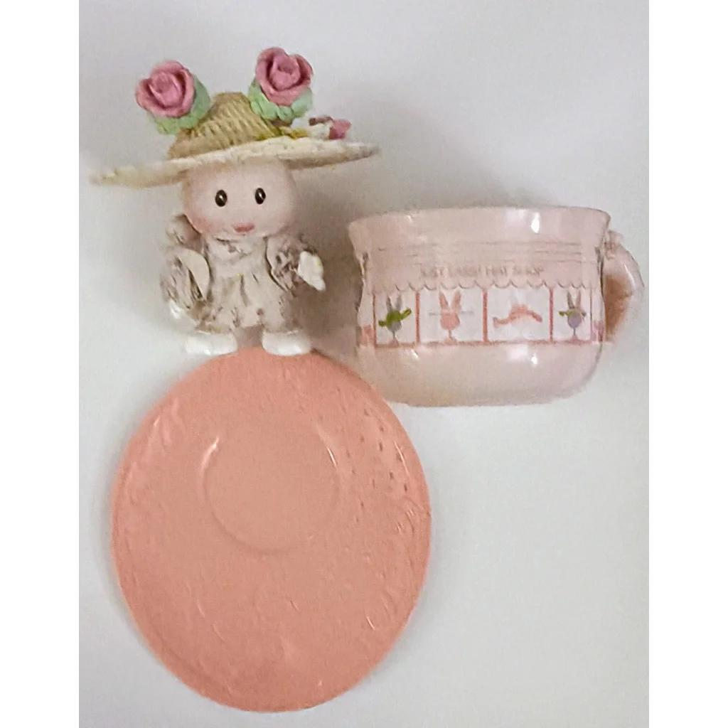 Vintage Tea Bunnies Doll in rose bonnet with pink floral teacup set