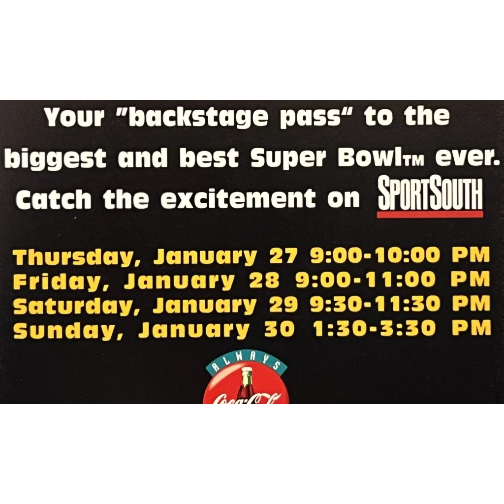 Super Bowl ad on a Rare Antique Vintage Coca-Cola bottle hanger with broadcast times