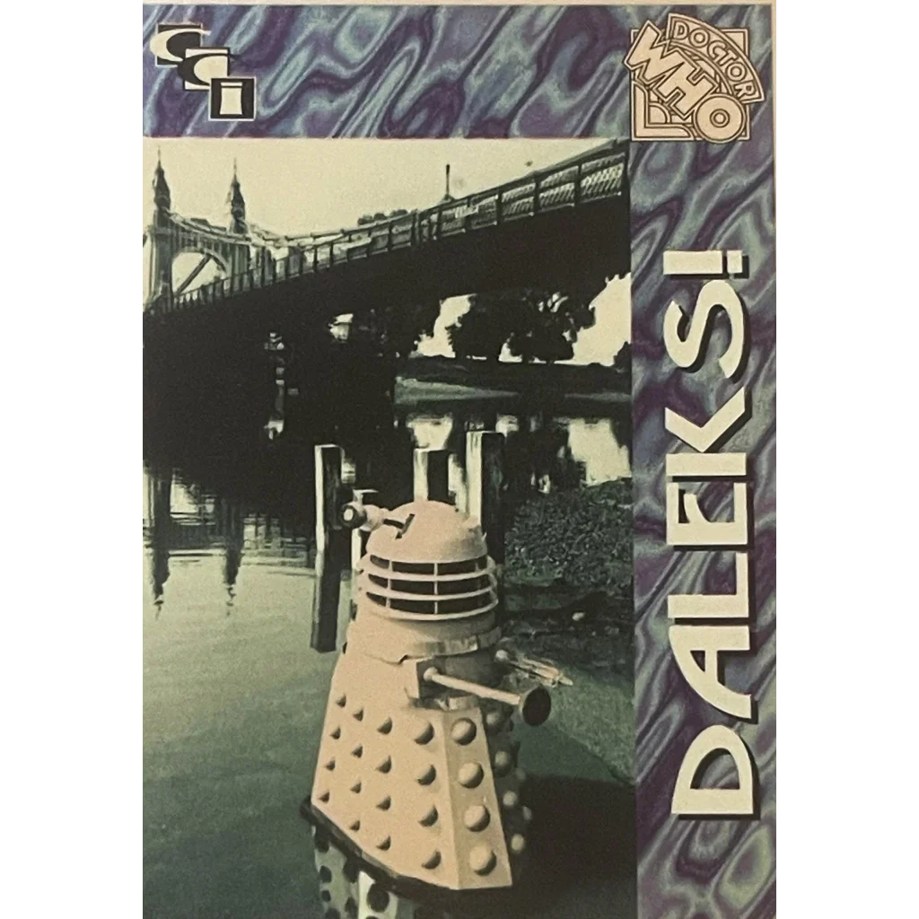 Dalek figurine by a bridge reflecting in water, perfect for Vintage 1990s Doctor Who fans