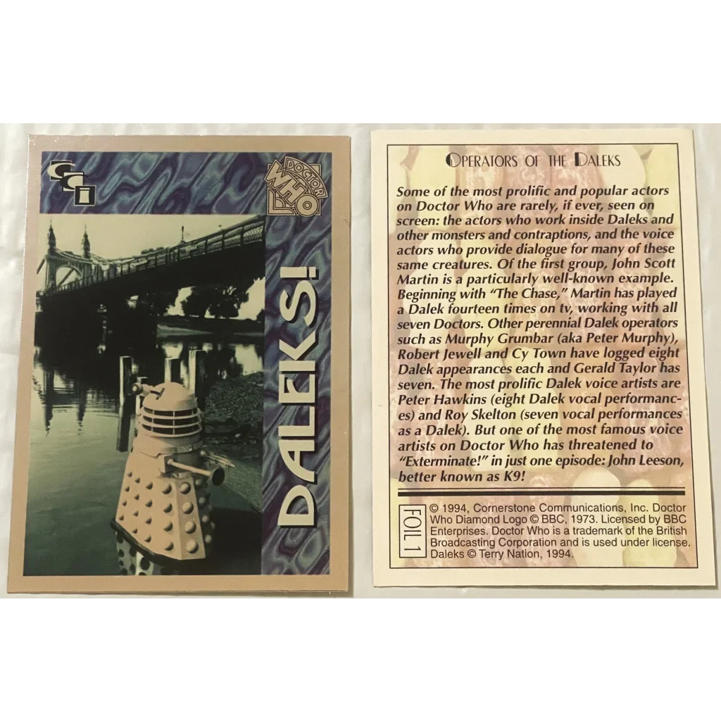 Vintage 1990s Doctor Who trading card featuring a cool Dalek design