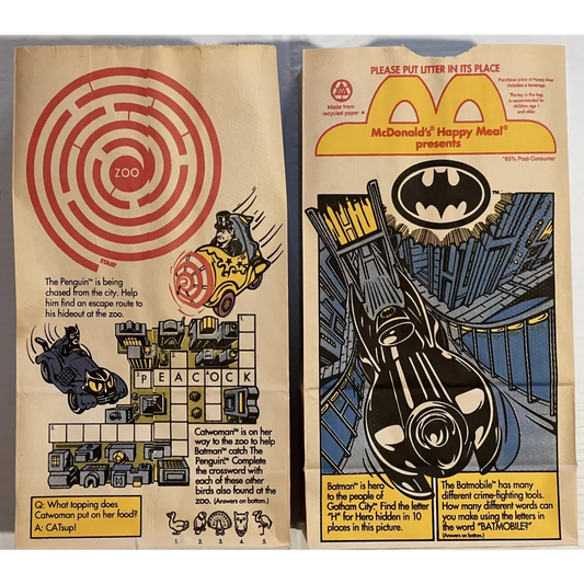 Vintage 1990s McDonald’s Happy Meal Bag Batman Batmobile DC Comics Collectibles Rare - &