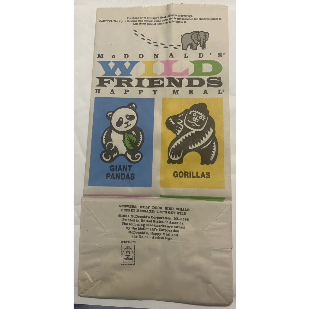 Vintage 1990s McDonald’s Happy Meal Bag Wild Animals Giant Pandas Gorillas Collectibles Rare Bag: