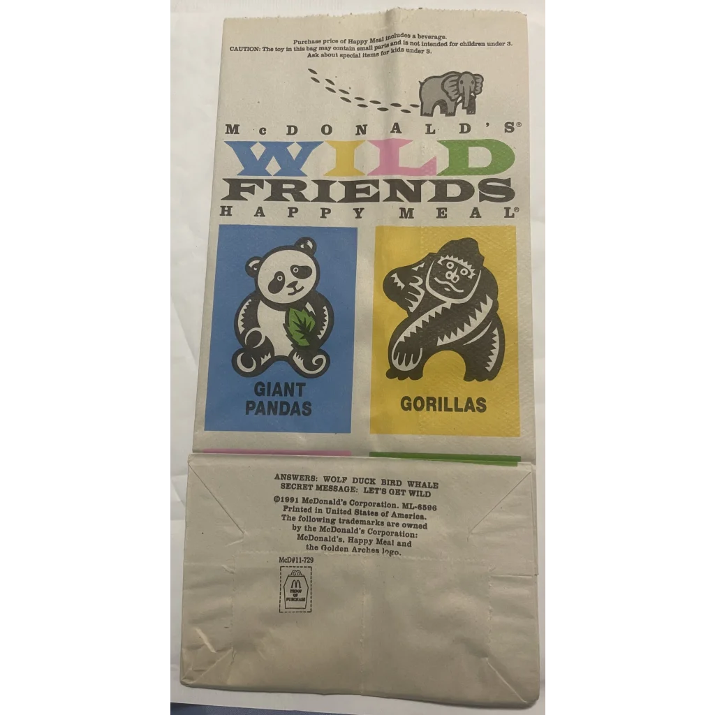 Vintage 1990s Mcdonald’s Happy Meal Bag Wild Animals Giant Pandas Gorillas - Collectibles - Antique Misc.