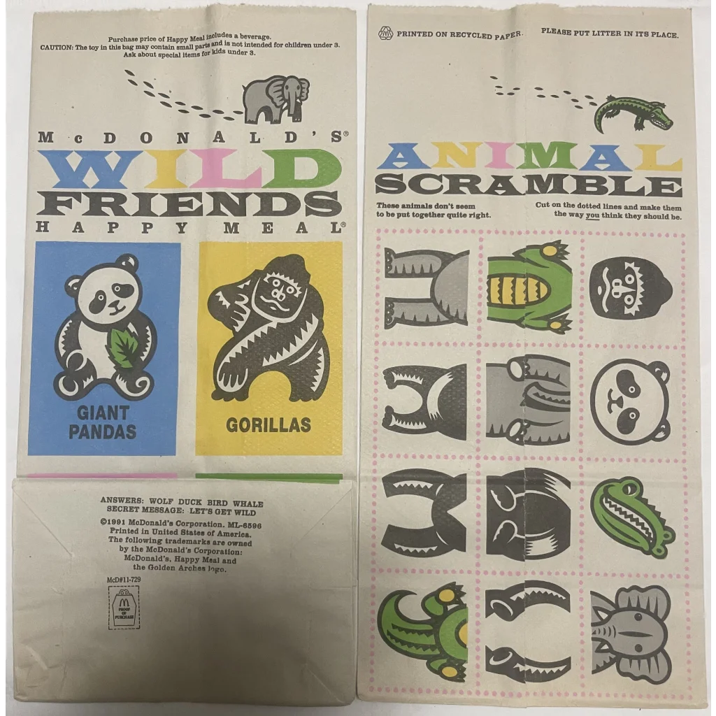 Vintage 1990s Mcdonald’s Happy Meal Bag Wild Animals Giant Pandas Gorillas - Collectibles - Antique Misc.