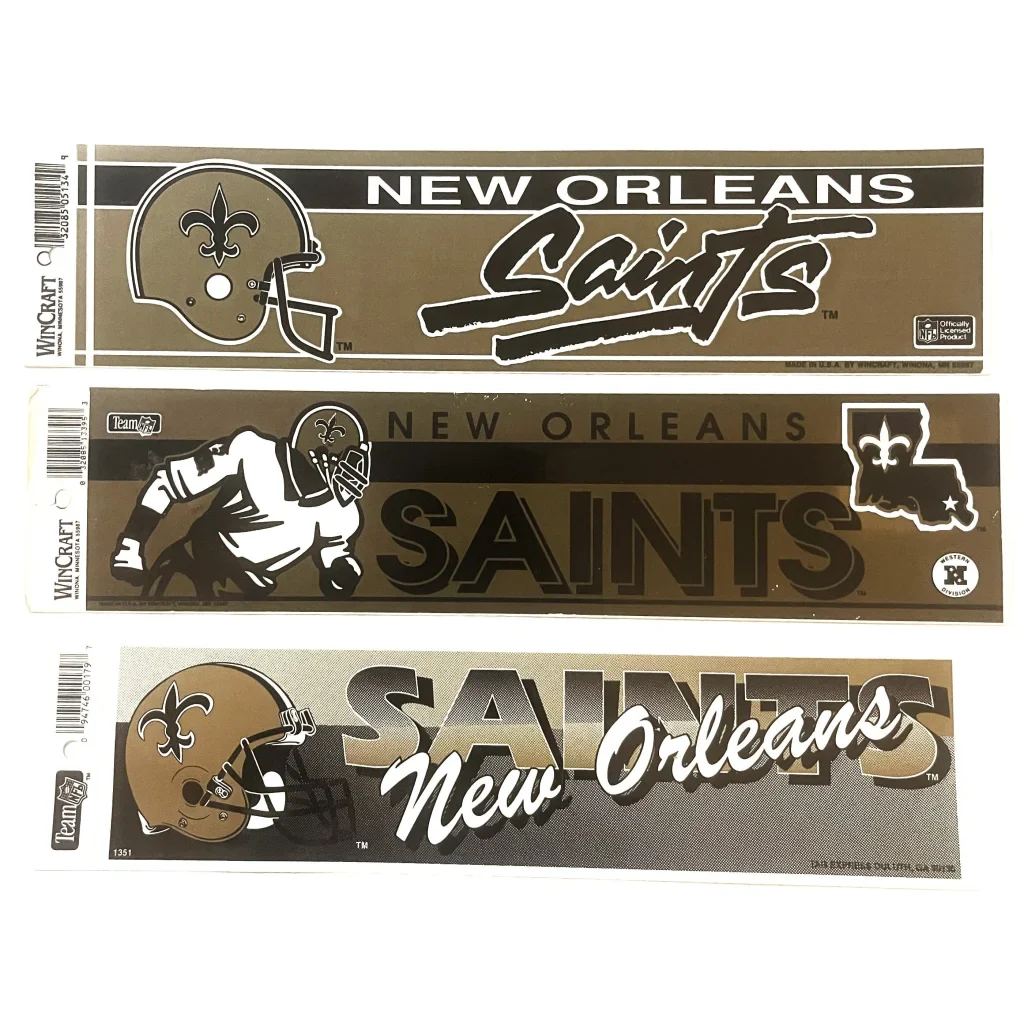 Three fun Orleans Saints bumper stickers showcasing team logo and retro vibes