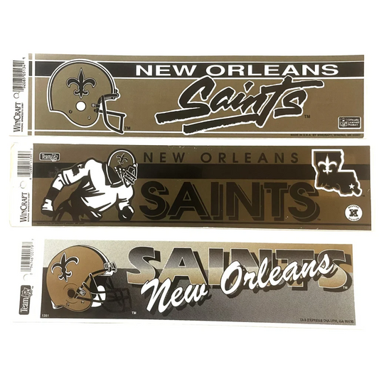 Three fun Orleans Saints bumper stickers showcasing team logo and retro vibes