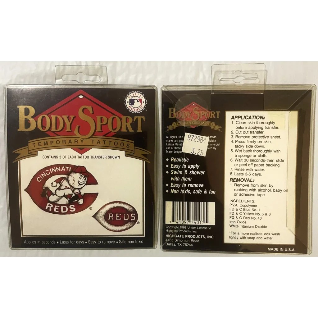 Vintage 1992 Reds temporary tattoos featuring the Cincinnati Reds logo for MLB fans