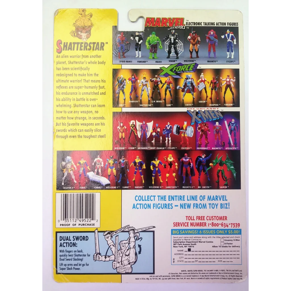 Vintage 1992 Shatterstar X-Force action figure in black silver armor with dual swords