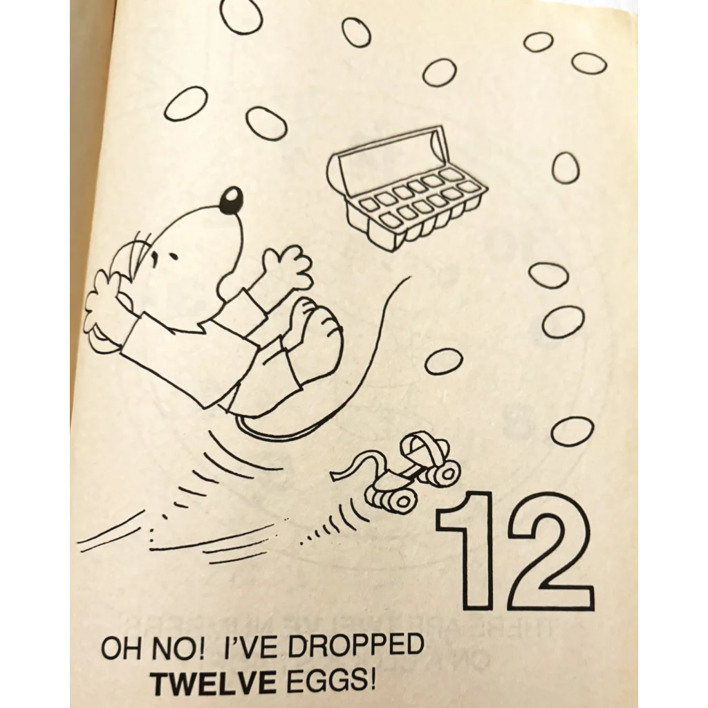 Simple cartoon character dropping an egg carton with floating eggs in coloring book