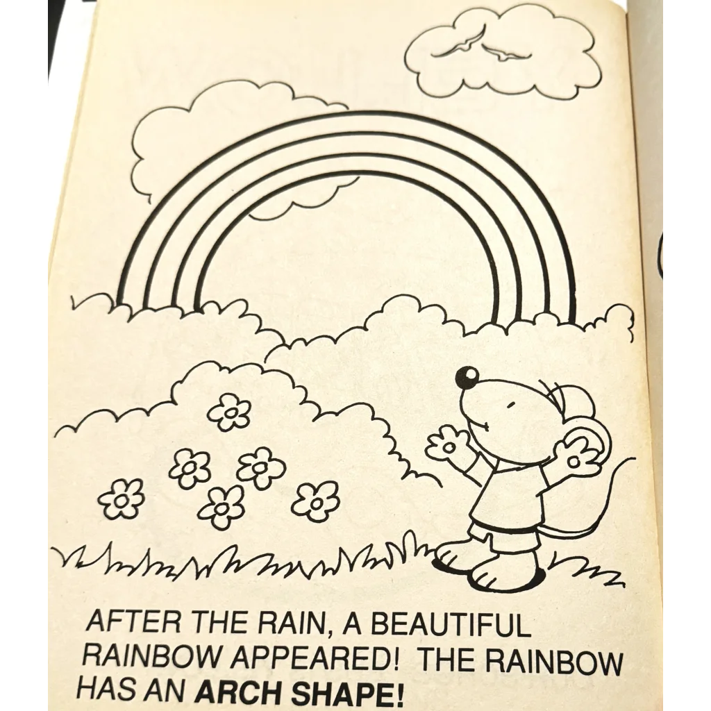 Simple line drawing of a cartoon mouse admiring a rainbow in a learning coloring book