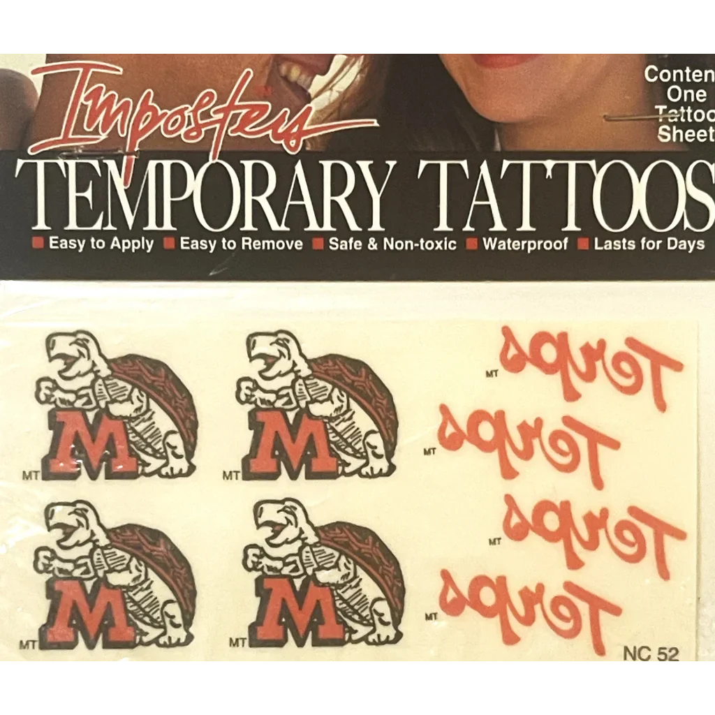 Sheet of Terps temporary tattoos with university mascot and text designs for collectors