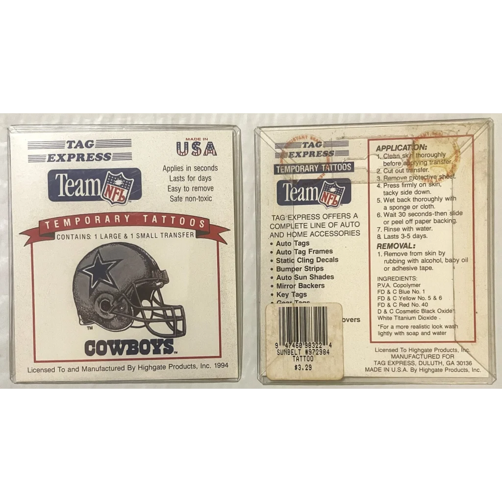 Vintage 1994 🏈 NFL Dallas Cowboys Temporary Tattoos America’s Team Memorabilia! Collectibles and Antique Gifts