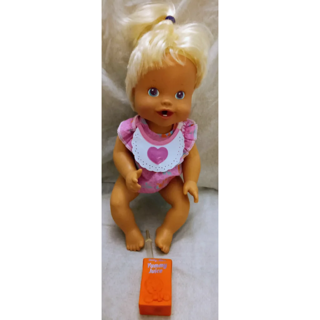 Vintage 1995 Baby Alive doll, blonde hair baby with pink white outfit and heart bib