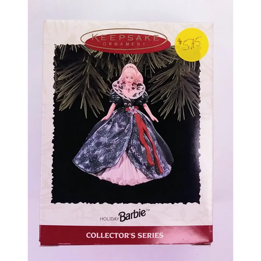 Vintage 1995 Holiday Barbie Keepsake Ornament in black pink dress